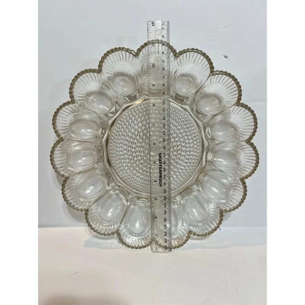 Indiana Glass Clear Deviled Egg Platter Scalloped Ribbed 15 Slot Hobnail Center